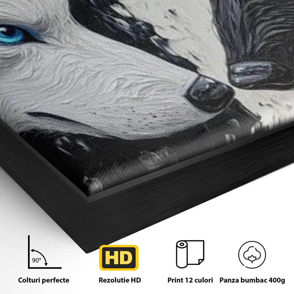 Detaliu al suprafetei: tablou canvas cu doi lupi, in rama de aluminiu negru